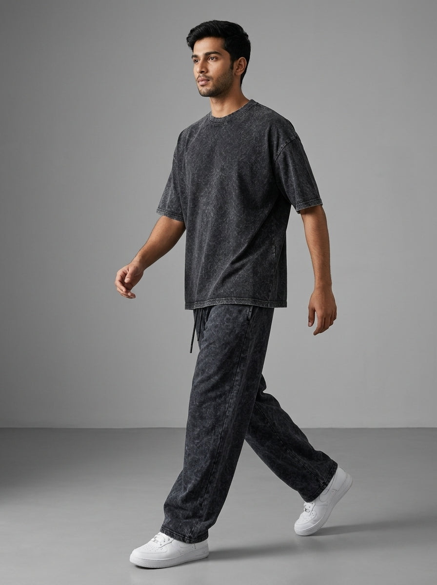 Midnight Black Acid Wash Streetwear Co-Ord Set