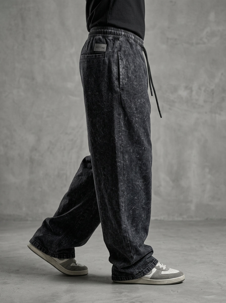 Black Acid Wash Baggy Fit Pants